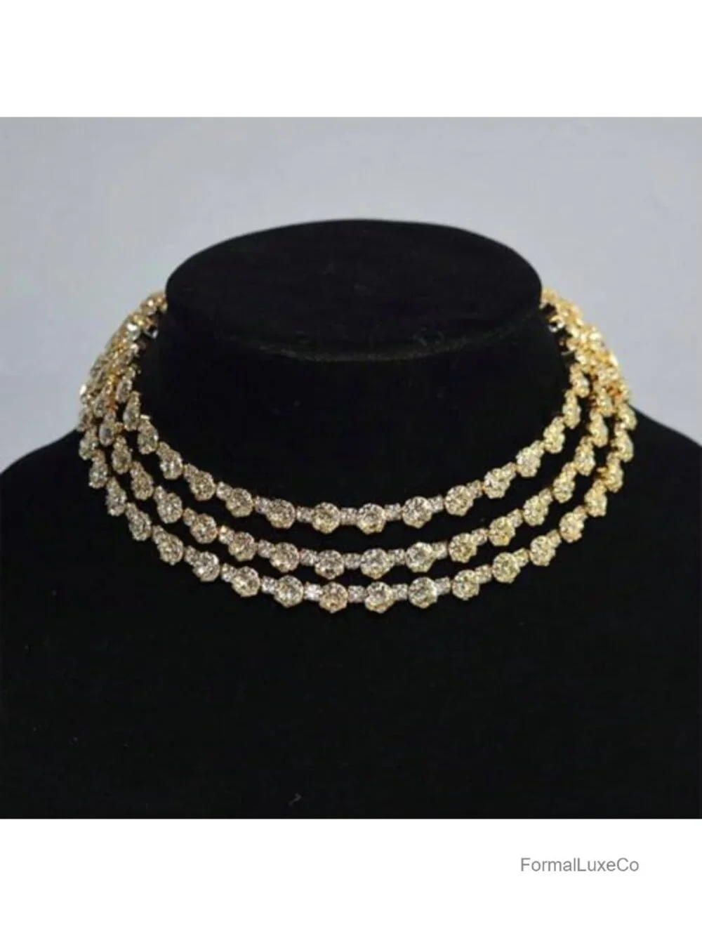 14K Gold Plated 3 Layer Rhinestone Choker Necklace for Women, Sparkly Crystal